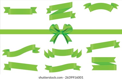 Set of decorative white empty price tag with green bow and horizontal green ribbon isolated on white. New Year or Christmas decoration for winter sale design, Eco tags, Discount and labels stickers. 
