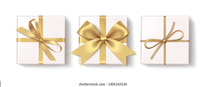 Set of decorative white gift boxes with golden bow and ribbon isolated on white background. Top view. Vector illustration