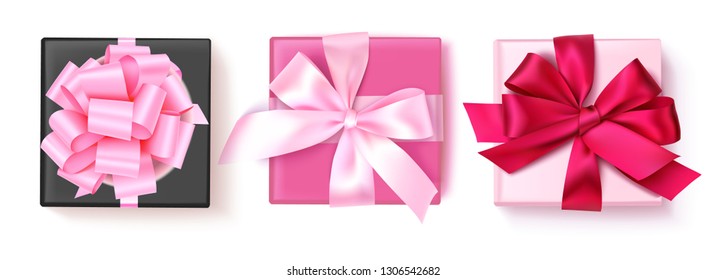 Set of decorative white gift boxes isolated on white background. Top view. Vector illustration