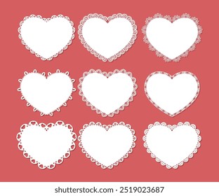 Set of Decorative white heart doily border, Vintage round lace paper doily frame, Paper Cutout Design, paper cutting, laser cut heart frames. cute template for baby shower, wedding and scrapbooking.