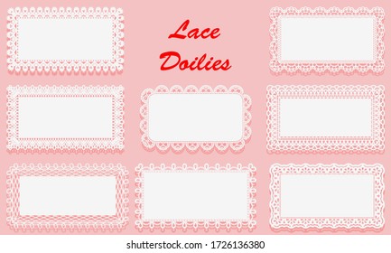 Set of Decorative White lace Doilies. Openwork rectangular frame on a pink background. Vintage Paper Cutout Design. Vector illustration