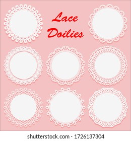 Set of Decorative White lace Doilies. Openwork round frame on a pink background. Vintage Paper Cutout Design. Vector illustration