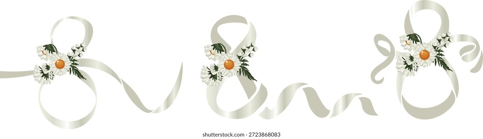 Conjunto de cintas blancas decorativas con un gradiente blanco que se pliegan en una figura ocho con margaritas blancas en el medio, para el diseño de postales, Anuncios, carteles