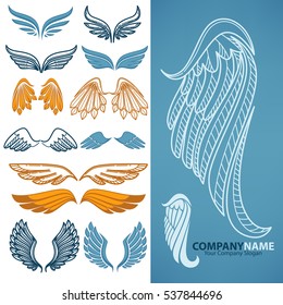 Set of decorative wings. Design elements for decoration logo, emblem or tattoo. freedom symbol: silhouette in shape of wings angel or bird. Vector isolated illustrations.