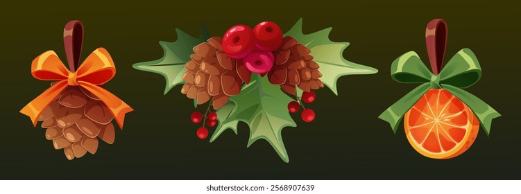 Set of decorative winter elements - pinecone with bow, seasonal holly berries with green leaves, orange slice with ribbon on dark background. Traditional Christmas design and festive decoration.