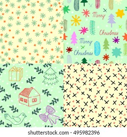 Set of decorative winter wrapping paper, Christmas and winter theme seamless vector, 
four pieces of hand-drawn images of Christmas, Vector house, tree, star and twig