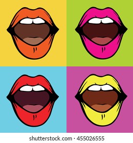 Set of decorative woman open mouth and squares in different bright colors. Surprised expression. Vintage pop art vector illustration. 