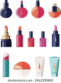 Set of decorative women's cosmetics.Colored vector stylized set of women's decorative cosmetics on a transparent background.