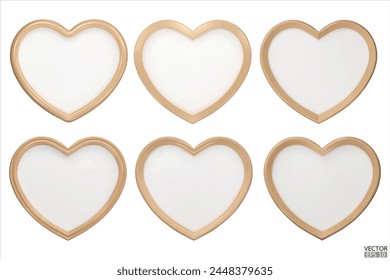 Set of decorative wood hearts. Wooden Heart Shaped Frame. Realistic gloss heart with rim. Elements for Valentines Day, Wedding, Birthday, Anniversary, Mothers Day decoration. 3d vector illustration.