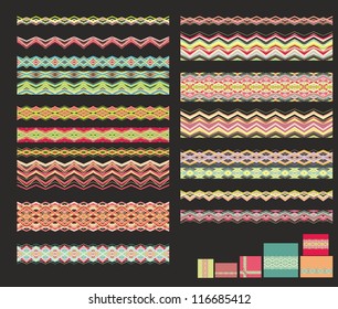 Set of decorative woven colorful christmas borders, lace ribbons on black background