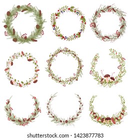 Set of decorative wreaths of branches. Vector illustration on white background.