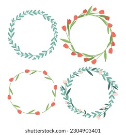 Set of decorative wreaths with fern and tulips and roses. Round vegetable frames.