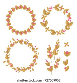 Set of decorative wreaths of flowers and leaves. Vector Illustration