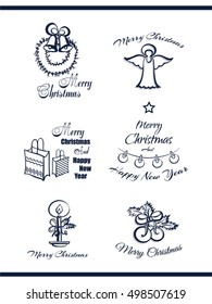 Set of decorative Xmas and New Year badges. Blue badges isolated on white background. Elements of design for Xmas. Vector illustration
