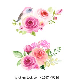 Set of decors with flowers roses, small lovely bird, leaves and buds. Beautiful vector illustration in vintage watercolor style on white background.