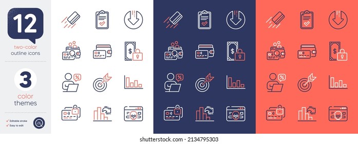 Set of Decreasing graph, Inspect and Online discounts line icons. Include Card, Checklist, Private payment icons. Cyber attack, Histogram, Download arrow web elements. Target. Vector