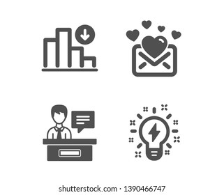 Set of Decreasing graph, Love mail and Exhibitors icons. Inspiration sign. Crisis chart, Valentines letter, Information desk. Creativity.  Classic design decreasing graph icon. Flat design. Vector