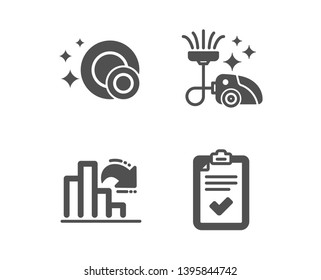 Set of Decreasing graph, Vacuum cleaner and Clean dishes icons. Checklist sign. Column chart, Vacuum-clean, Dishwasher concept. Survey.  Classic design decreasing graph icon. Flat design. Vector