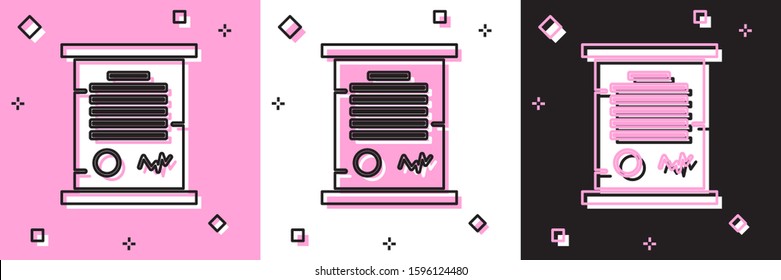 Set Decree, paper, parchment, scroll icon icon isolated on pink and white, black background.  Vector Illustration