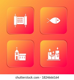 Fijar el icono del Decreto, el papel, el pergamino, el pergamino, el pescado cristiano, el edificio de la iglesia y la quema de velas. Vector.