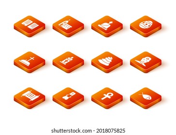 Set Decree, paper, parchment, scroll, Priest, Tombstone with cross, Church pastor preaching, Cross ankh, Stack hot stones, Christian fish and Man third eye icon. Vector