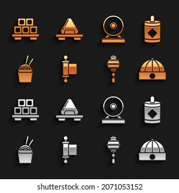 Set Decree, paper, parchment, scroll, Firework, Chinese hat, lantern, Asian noodles box and chopsticks, Gong, Sushi cutting board and  icon. Vector