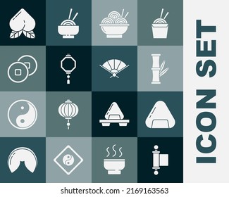Set Decree, paper, parchment, scroll, Sushi, Bamboo, Asian noodles in bowl, Chinese lantern, Yuan currency, Peach fruit and Paper chinese folding fan icon. Vector