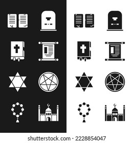 Set Decree, paper, parchment, scroll, Holy bible book, The commandments, Tombstone with RIP written, Star of David, Pentagram in circle, Muslim Mosque and Rosary beads religion icon. Vector