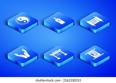 Set Decree, paper, parchment, scroll, Yin Yang, Japan Gate, Hands praying position, Monk and  icon. Vector