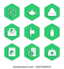 Set Decree, paper, parchment, scroll, Chinese Yuan currency, hat, Firework, Yin Yang and envelope, Sushi and  icon. Vector
