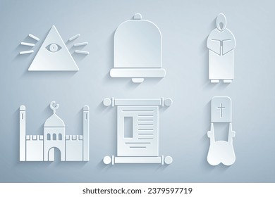 Establecer Decreto, papel, pergamino, pergamino, Monje, Mezquita Musulmana, Sacerdote, Campana de la Iglesia e ícono de Masones. Vector