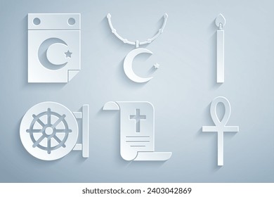 Set Decree, paper, parchment, scroll, Burning candle, Dharma wheel, Cross ankh, Star crescent on chain and  icon. Vector