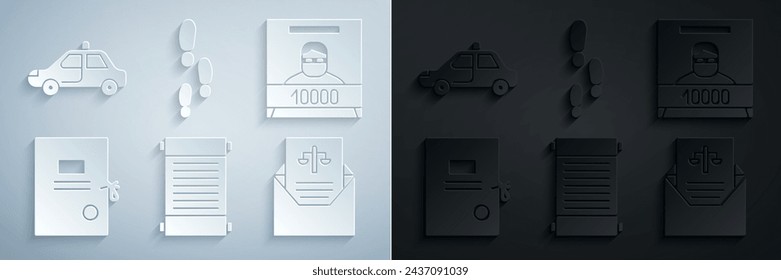 Set Decree, paper, parchment, scroll, Wanted poster, Lawsuit, Subpoena, Footsteps and Police car and flasher icon. Vector