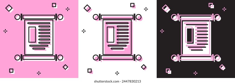 Set Decree, paper, parchment, scroll icon icon isolated on pink and white, black background. Chinese scroll.  Vector Illustration