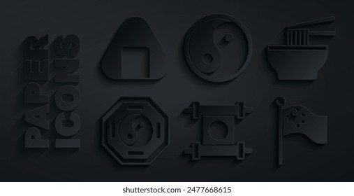 Set Decree, paper, parchment, scroll, Asian noodles in bowl, Yin Yang, China flag on flagpole,  and Sushi icon. Vector