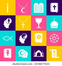 Set Decree, paper, parchment, scroll, Dharma wheel, Church tower, The commandments, Christian cross on chain, Cross ankh, Burning candle and Holy grail or chalice icon. Vector