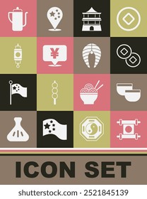 Set Decree, paper, parchment, scroll, Chinese tea ceremony, Yuan currency, house, lantern,  and Fish steak icon. Vector