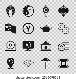 Set Decree, paper, parchment, scroll, Chinese Yuan currency, lantern, China flag, Fish steak and ceremony icon. Vector
