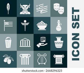 Definir Decreto, pergaminho, pergaminho, Anforas antigas, Garrafa de azeite, bandeira nacional da Grécia, Caduceus cobra médica, Caneta de penas e azeitonas no ícone da tigela. Vetor