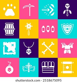 Set Decreto, pergamino, pergamino, armadura corporal, escudo, flecha mágica, bola de maza encadenada medieval, cañón de pólvora de pistola, huella de pata de oso e icono de bala. Vector