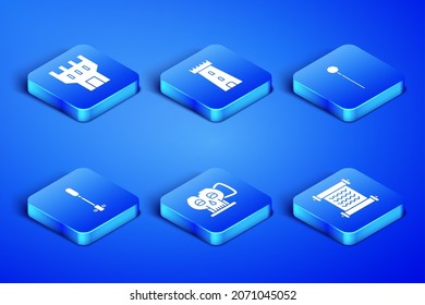 Set Decree, parchment, scroll, Castle tower, Cup from the skull, Torch flame,  and Medieval chained mace ball icon. Vector