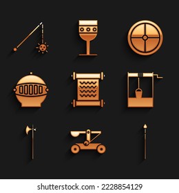 Set Decree, parchment, scroll, Catapult shooting stones, Medieval spear, Well with bucket, halberd, iron helmet, Round wooden shield and chained mace ball icon. Vector