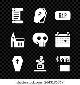 Set Decree, parchment, scroll, Coffin with cross, Speech bubble rip death, Grave tombstone, Crematorium, Church building and Skull icon. Vector