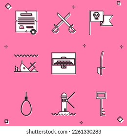 Establecer Decreto, pergamino, pergamino, espadas piratas cruzadas, bandera pirata con cráneo, barco hundido, cofre del tesoro antiguo, bucle de cuerda de la horca y icono del faro. Vector