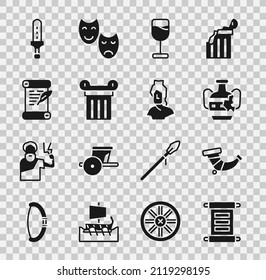 Set Decree, parchment, scroll, Hunting horn, Broken amphorae, Wine glass, Ancient column, Medieval sword and bust sculpture icon. Vector