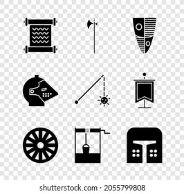 Set Decree, parchment, scroll, Medieval halberd, Shield, Old wooden wheel, Well with bucket, iron helmet,  and chained mace ball icon. Vector