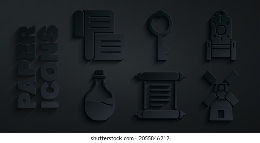 Set Decree, parchment, scroll, Medieval throne, Old bottle of wine, Windmill, key and  icon. Vector
