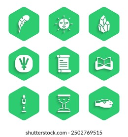Set Decree, parchment, scroll, Medieval goblet, Snake, Ancient magic book, Burning candle, Neptune planet, Magic stone and Feather pen icon. Vector