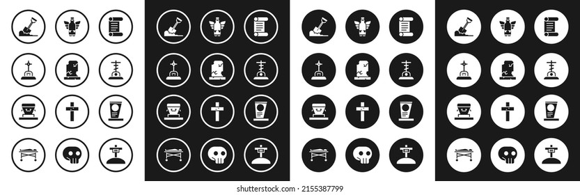 Set Decree, parchment, scroll, Old grave with tombstone, Grave cross, Shovel in the ground, Christmas angel,  and Coffin icon. Vector