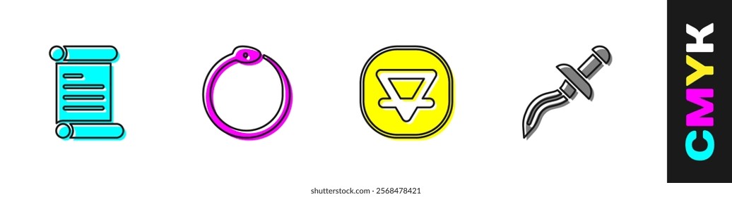 Set Decree, parchment, scroll, Ouroboros, Earth element and Dagger icon. Vector